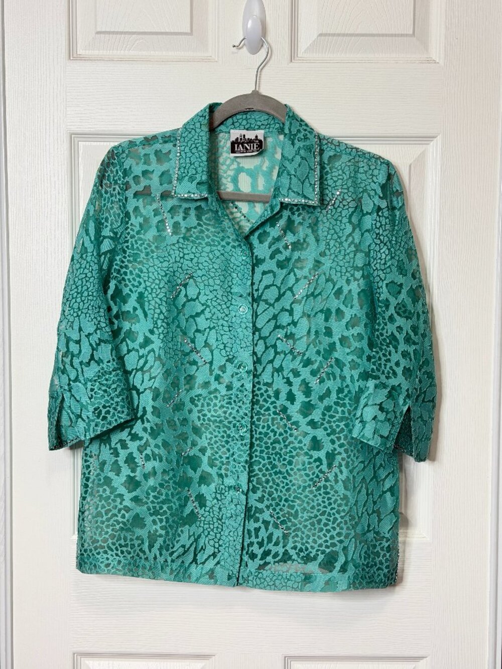 Sheer Burnout Turquoise Embellished Button Down Shirt- Women's S